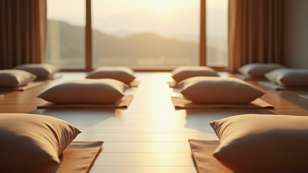 Eye-level view of a serene meditation space with cushions and soft lighting