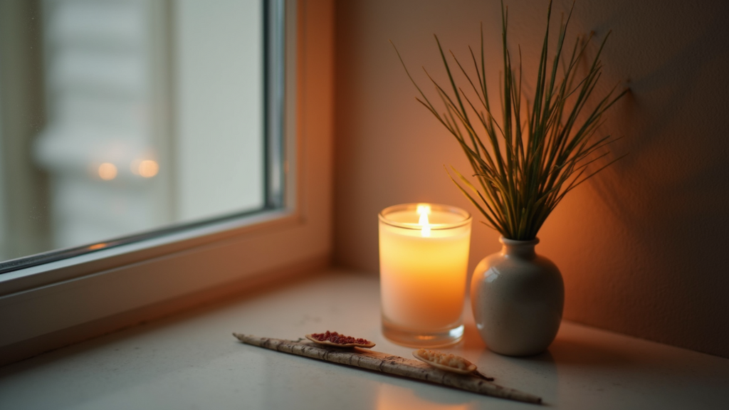 High angle view of a peaceful corner with a candle and a small plant