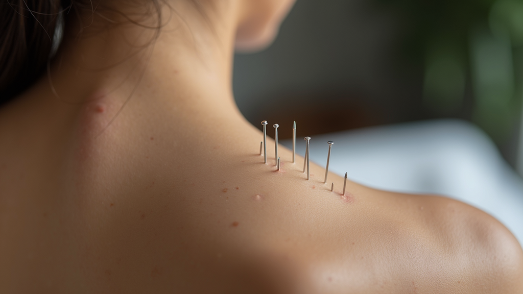 Close-up view of acupuncture needles placed on a person's back