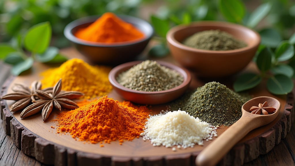 High angle view of Ayurvedic herbs and spices arranged on a wooden table